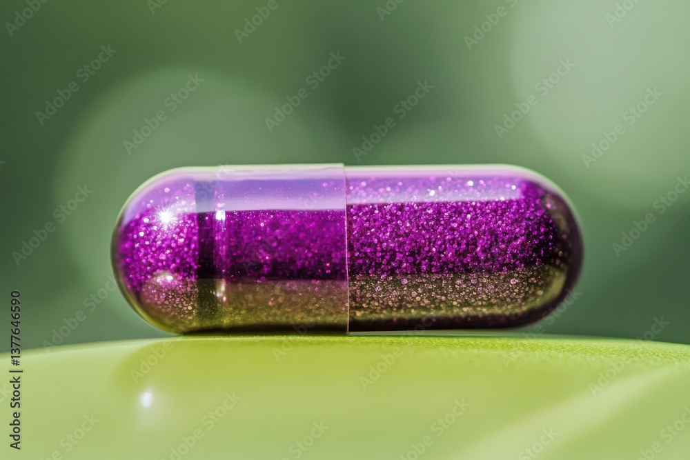 Poster purple glittery capsule resting on a smooth green surface with a soft blurred background showcasing 