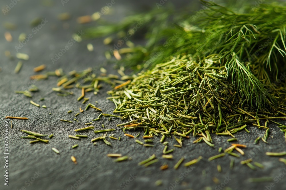 Poster fresh herbs and dried dill piled on a dark countertop showcasing vibrant colors and textures in a cu