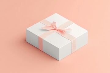 Gift box with pink ribbon on soft peach background perfect for celebrations or special occasions