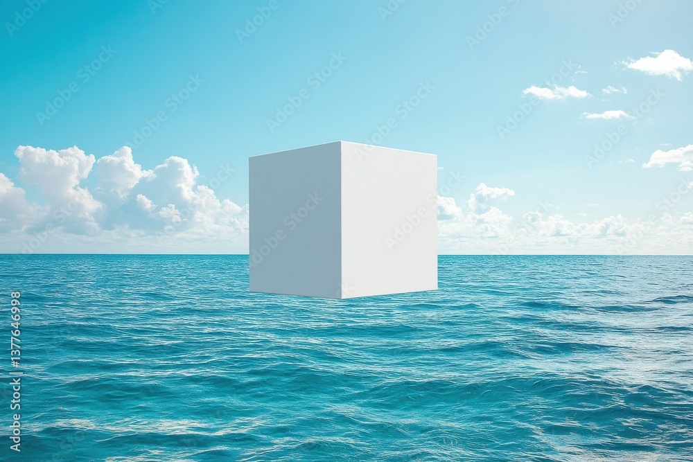 Poster Floating white cube over calm ocean under a clear sky with scattered clouds creates a surreal visual experience