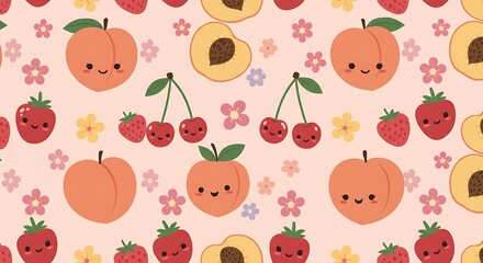 Adorable Peach & Berry Kawaii Pattern AI Generated