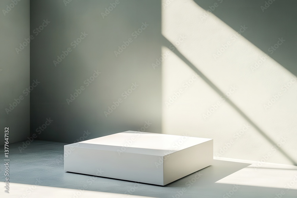 Poster minimalist interior with geometric shapes and natural light highlighting a white platform in a seren