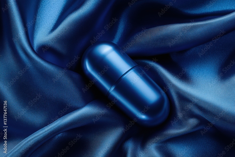 Aufkleber Blue capsule resting elegantly on smooth satin fabric in a soft light with subtle shadows enhancing the luxurious feel