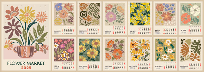 Floral calendar template for 2025 . Vertical design with Flower Market prints. Vector illustration page template A3, A2 for printable wall monthly calendar. Week starts on Sunday.