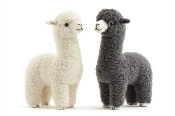 Fototapeta premium Cute and cuddly plush alpacas in white and gray standing together for a charming display on a bright background