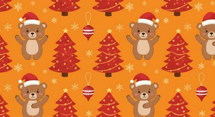Fototapeta premium Joyful Christmas Bears: Orange Festive Pattern AI Generated