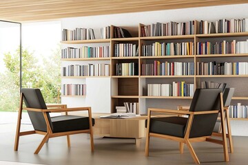 Modern living room with wooden chairs and bookshelf. 3D Rendering
