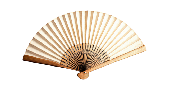 A traditional wooden hand fan gracefully displayed, symbolizing elegance and cultural heritage. isolated on a transparent or white background