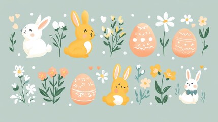 Obraz premium Cute Easter Bunnies and Colorful Eggs with Floral Decorations