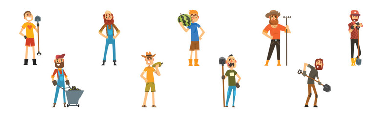 Funny Man Farmer Character Enjoy Horticulture and Agriculture Vector Set