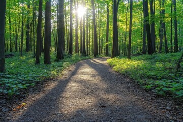 Obraz premium Sunlight filters through lush green trees illuminating a path in a serene forest creating a peaceful and inviting atmosphere for a nature walk