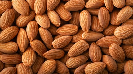 Fototapeta premium A large collection of fresh almonds is arranged closely together, highlighting their smooth, brown surfaces. The lighting enhances the natural features of the nuts, creating a warm atmosphere