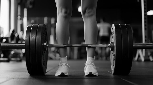 Black and white photograph of a person lifting a barbell in a gym. the person is standing with their feet shoulder-width apart and their legs bent at the knees.
