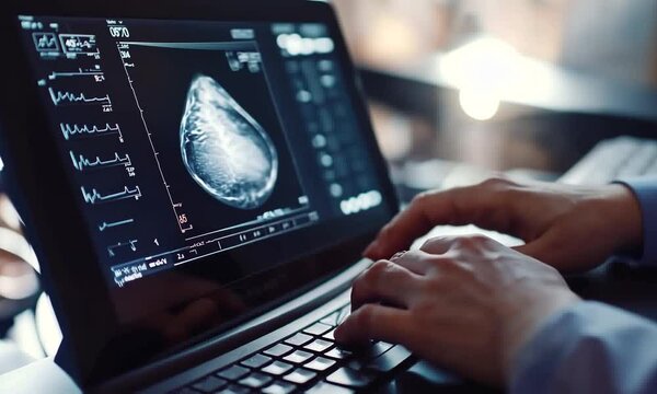 Medical professional analyzing mammogram results on a laptop, with clinical equipment in the background