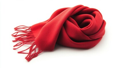 A vibrant red scarf is artfully arranged in a spiral on a smooth white surface, demonstrating its soft texture and tasteful design suitable for winter wear and fashion accessories