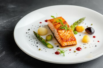 Gourmet salmon dish with asparagus and vegetables