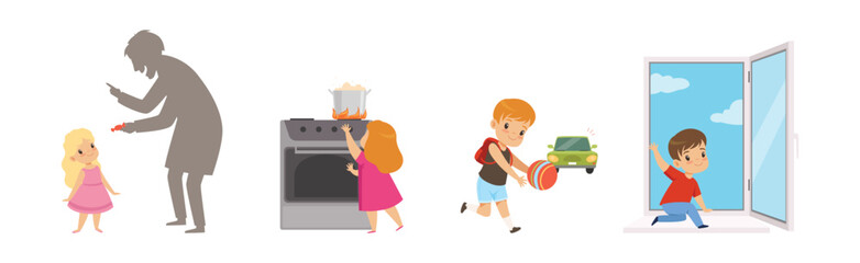 Kid Character in Dangerous Situation as Warning and Safety Attention Vector Set