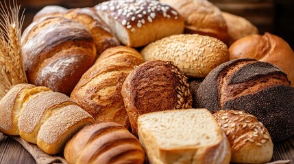 Fototapeta premium A variety of breads including whole grain, sesame, and rustic loaves are arranged on a wooden surface. The warm hues of the bread create an inviting atmosphere, perfect for a bakery display