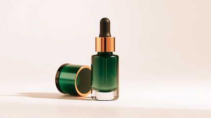 A sleek, green glass bottle with a golden dropper, centered against a soft, cream background, showcasing a luxurious beauty or essential oil product.