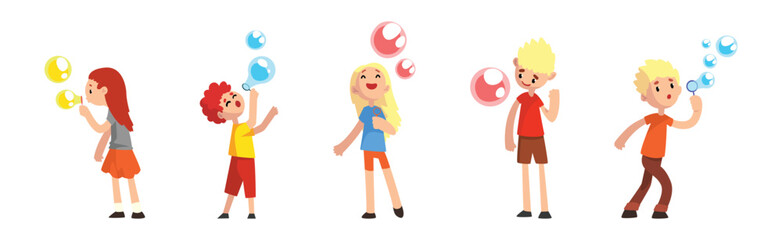 Children Playing with Colorful Soap Bubbles Vector Set