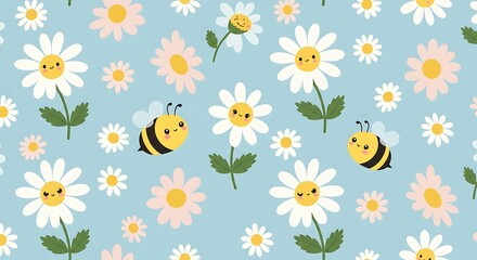 Obraz premium Charming Daisy & Bee Pattern: Pastel Blue Delight AI Generated