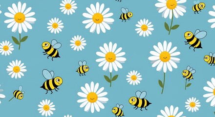 Happy Bees & Daisies: Charming Blue Pattern AI Generated