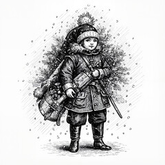 Obraz premium Vintage boy standing with gifts under snowflakes 