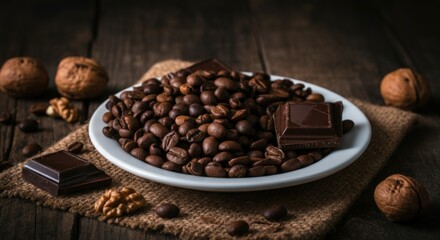 Fototapeta premium Delicious coffee beans and dark chocolate on a rustic plate with walnuts