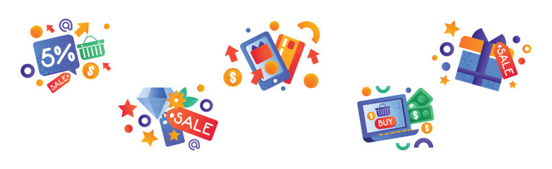 Naklejka premium Shopping and Purchase Colorful Icon and Pictogram Vector Set