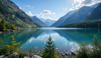 Fototapeta premium Calm lake and moo flying clouds covering a harsh mountain secured with colorful harvest time foliage 