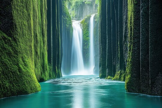 Lush waterfall cascading into a serene turquoise pool, framed by moss-covered canyon walls
