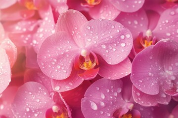 Delicate pink orchid blossoms adorned with glistening water droplets creating a serene floral background