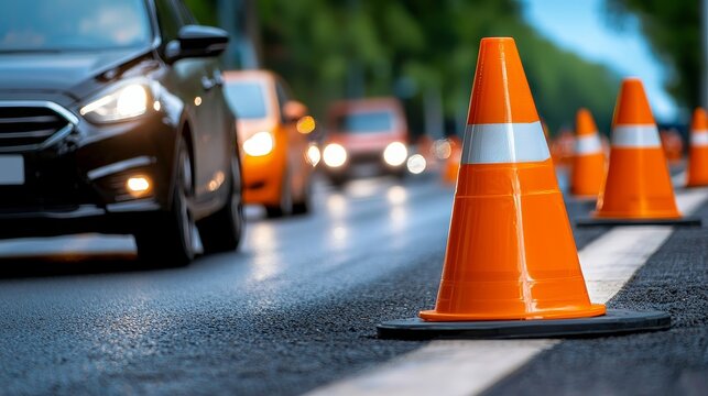 Traffic control with orange cones on busy road near vehicles