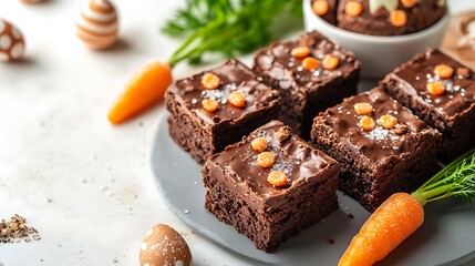 Chocolate easter brownies with sugar carrots on a table