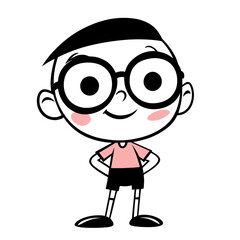 Cartoon boy with glasses standing confidently with hands on hips, vector illustration for childrens book or educational material