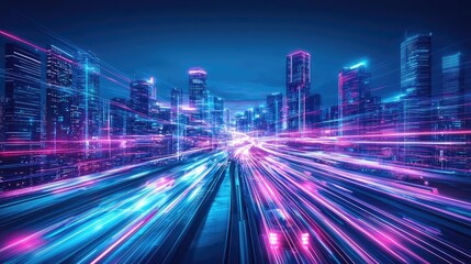 Fototapeta premium Motion blur city featuring futuristic technology and digital panorama concept. Futuristic cityscape illuminated with neon light trails.