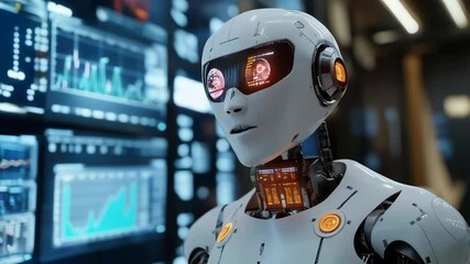 A futuristic robot with a sleek design, displaying glowing data on its chest and an advanced digital interface in the background. - Powered by Adobe