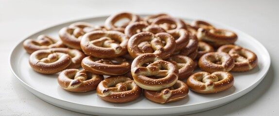 Fototapeta premium Delicious baked pretzels on a white plate as a tasty snack.