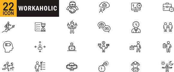 Workaholic business and productivity icon set. Time management, stress, deadlines, multitasking, and career growth.