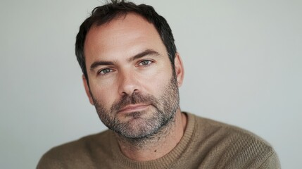 Naklejka premium Caucasian male adult with beard in brown sweater posing against neutral background