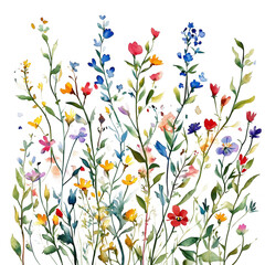 colorful bush lush watercolor wildflowers on transparent background