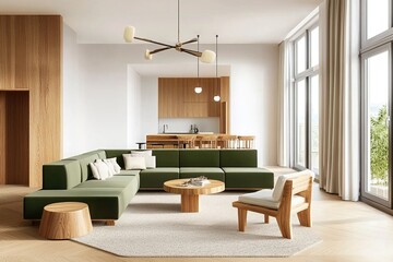 Fototapeta premium Modern living room with green sofa and wooden accents. 3D Rendering