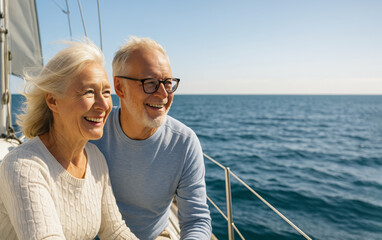 Fototapeta premium Elderly caucasian couple enjoying sailing adventure on sunny day