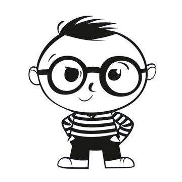 recommend clip art: Cartoon boy with glasses on a transparent background vector, cute kid character illustration with striped shirt and hands on hips, concept of education and childhood