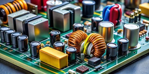 Close-up of Electronic Power Supply Components: Transformer, Diode Bridge, and Capacitors