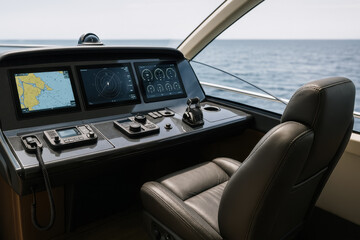 Luxury yacht navigation console with ocean view and modern equipment