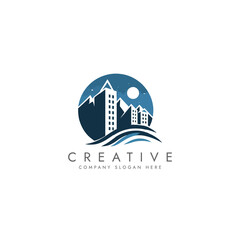 Fototapeta premium Creative Cityscape Logo with Mountains, Moon and Buildings