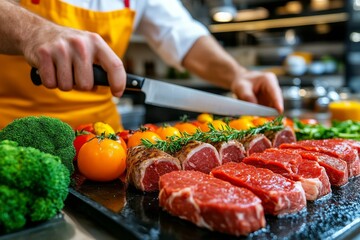 A traditional butcher shop with fresh cuts of meat on display, with an experienced butcher behind the counter. Generative AI