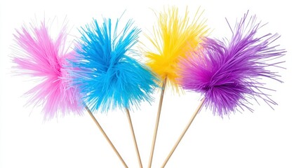 Vibrant Pink Blue Yellow Purple Fluffy Pom Poms on White Background