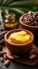 Fototapeta premium Golden Cocoa Butter Blocks in Wooden Bowl with Cacao Beans and Oil for Natural Skincare and Beauty Rituals